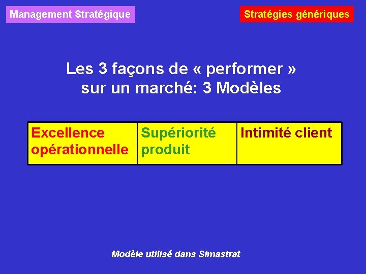 Management Stratégique Stratégies génériques Les 3 façons de « performer » sur un marché: