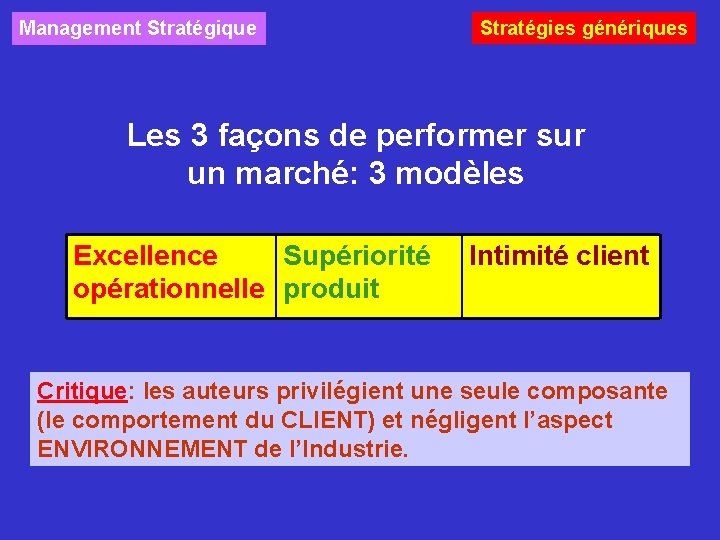 Management Stratégique Stratégies génériques Les 3 façons de performer sur un marché: 3 modèles