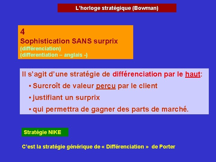L’horloge stratégique (Bowman) 4 Sophistication SANS surprix (différenciation) (differentiation – anglais -) Il s’agit