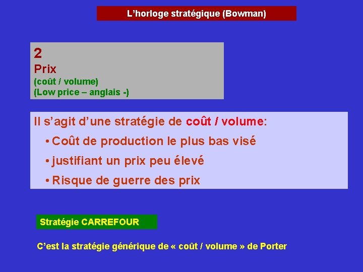 L’horloge stratégique (Bowman) 2 Prix (coût / volume) (Low price – anglais -) Il