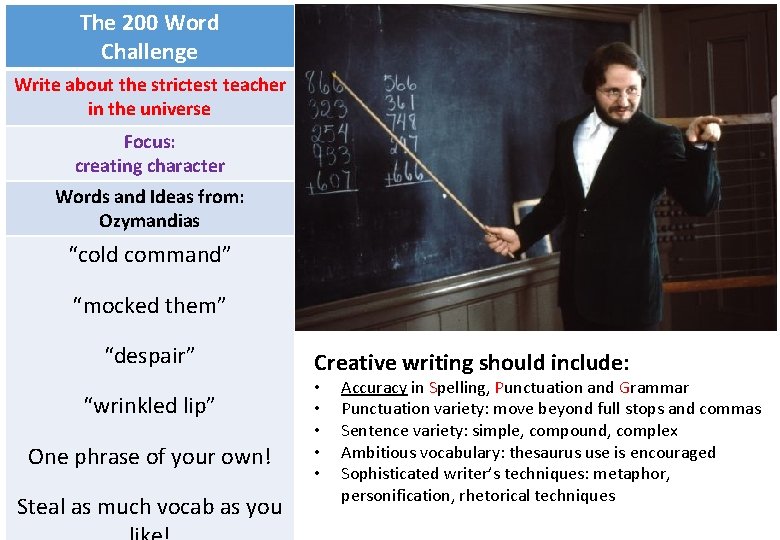 The 200 Word Challenge Write about the strictest teacher in the universe Focus: creating