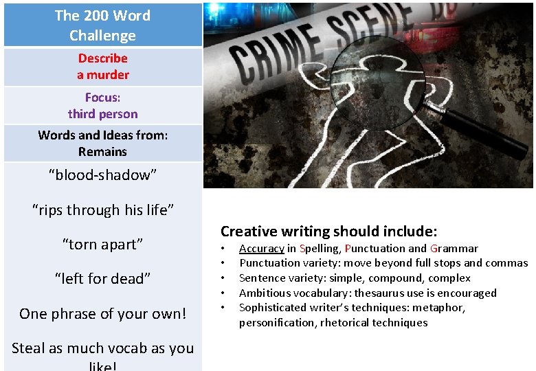 The 200 Word Challenge Describe a murder Focus: third person Words and Ideas from: