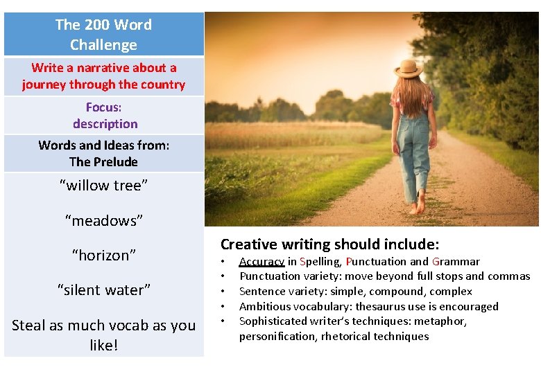 The 200 Word Challenge Write a narrative about a journey through the country Focus: