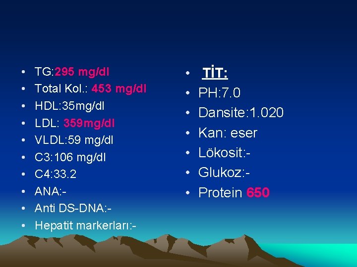  • • • TG: 295 mg/dl Total Kol. : 453 mg/dl HDL: 35