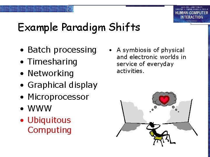 Example Paradigm Shifts • • Batch processing Timesharing Networking Graphical display Microprocessor WWW Ubiquitous