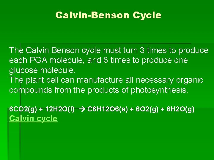 Calvin-Benson Cycle The Calvin Benson cycle must turn 3 times to produce each PGA