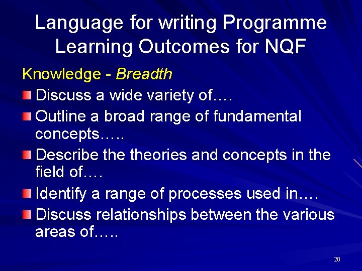 Language for writing Programme Learning Outcomes for NQF Knowledge - Breadth Discuss a wide