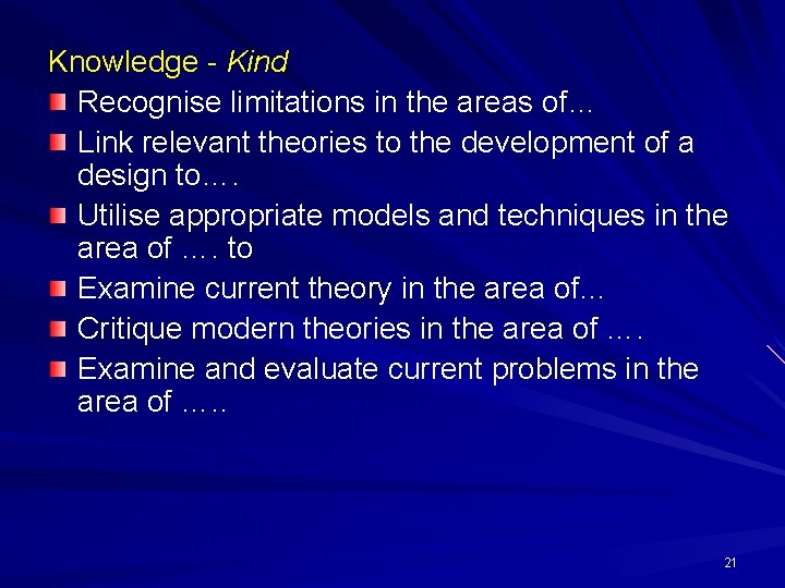 Knowledge - Kind Recognise limitations in the areas of… Link relevant theories to the
