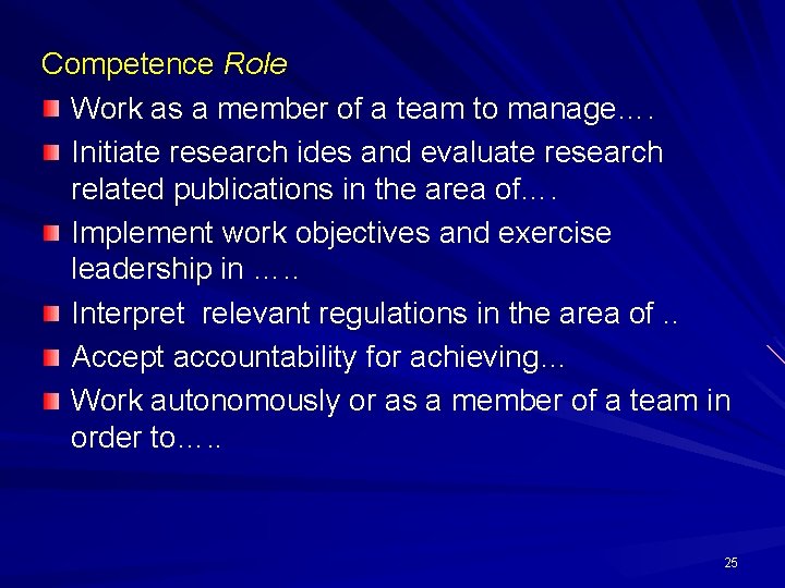 Competence Role Work as a member of a team to manage…. Initiate research ides