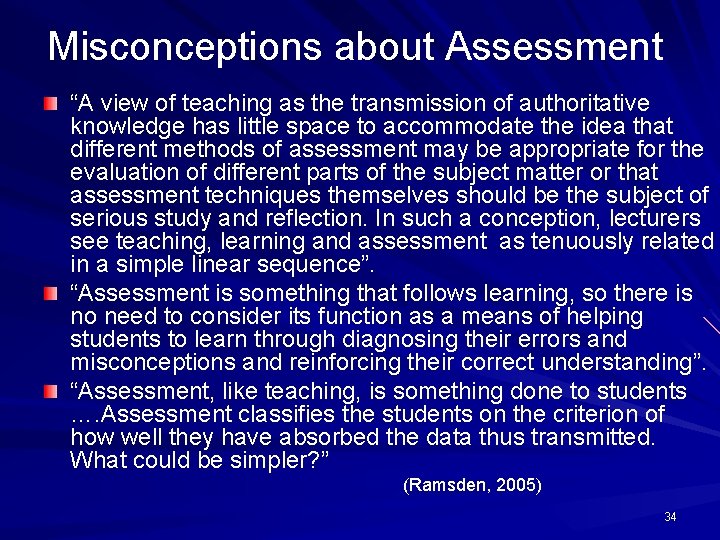 Misconceptions about Assessment “A view of teaching as the transmission of authoritative knowledge has