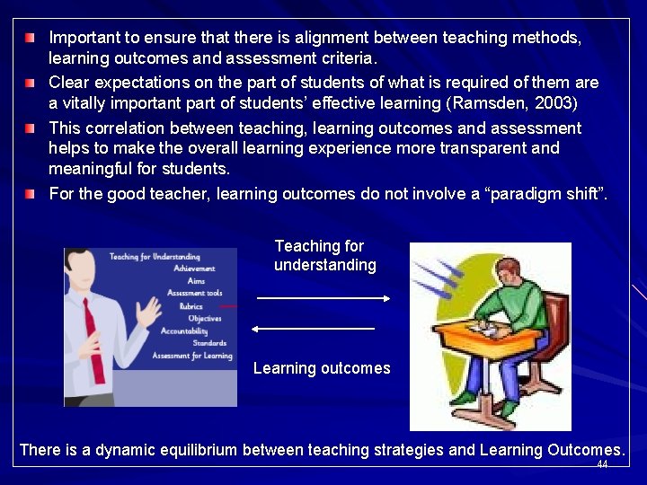 Important to ensure that there is alignment between teaching methods, learning outcomes and assessment
