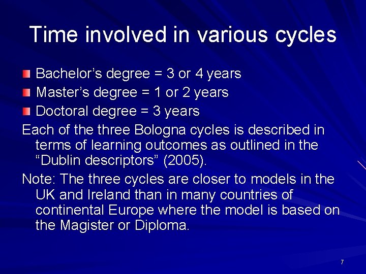 Time involved in various cycles Bachelor’s degree = 3 or 4 years Master’s degree