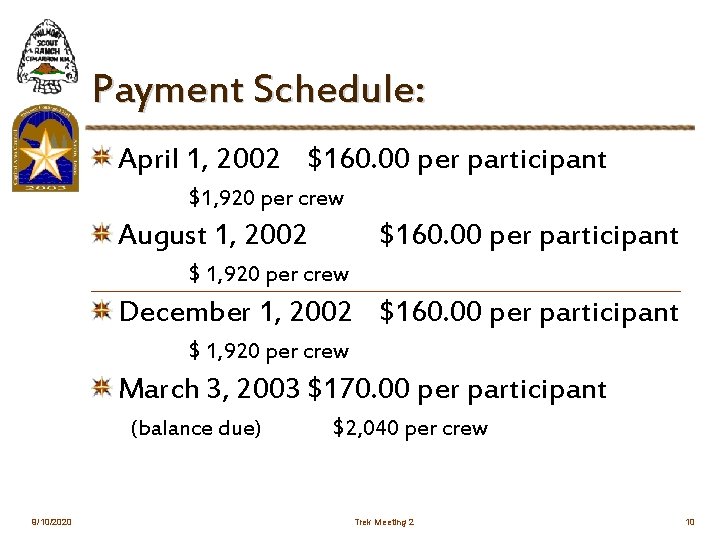 Payment Schedule: April 1, 2002 $160. 00 per participant $1, 920 per crew August