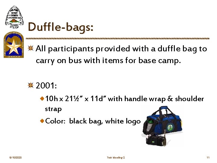Duffle-bags: All participants provided with a duffle bag to carry on bus with items