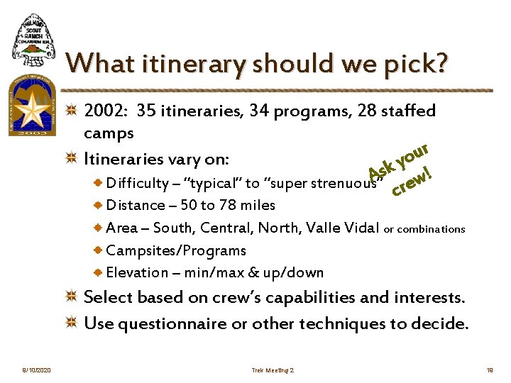 What itinerary should we pick? 2002: 35 itineraries, 34 programs, 28 staffed camps r