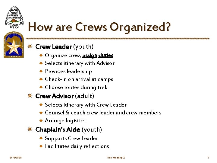 How are Crews Organized? Crew Leader (youth) Organize crew, assign duties Selects itinerary with