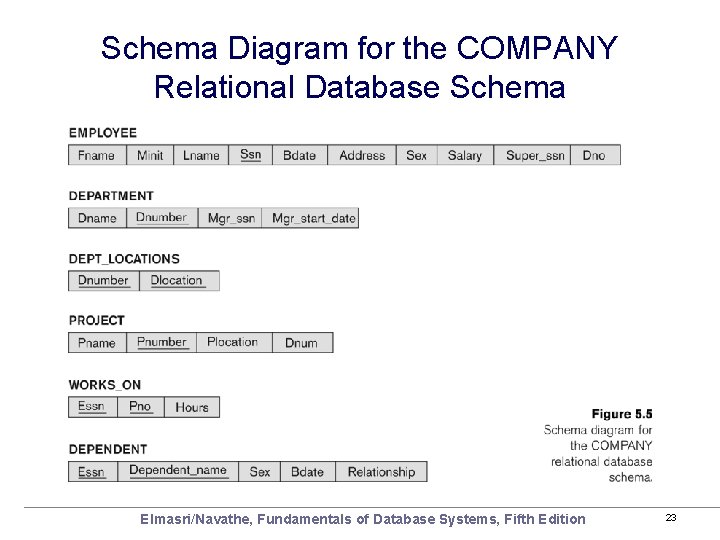 Schema Diagram for the COMPANY Relational Database Schema Elmasri/Navathe, Fundamentals of Database Systems, Fifth