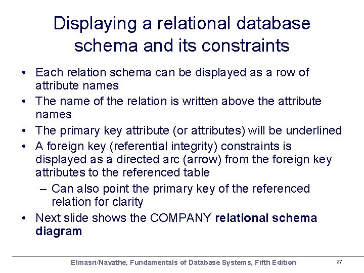 Displaying a relational database schema and its constraints • Each relation schema can be