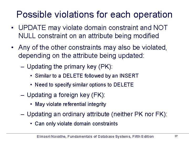 Possible violations for each operation • UPDATE may violate domain constraint and NOT NULL