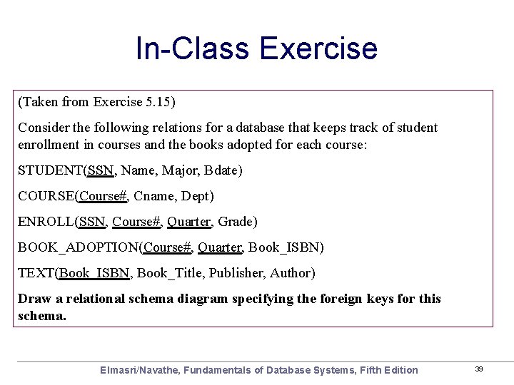 In-Class Exercise (Taken from Exercise 5. 15) Consider the following relations for a database