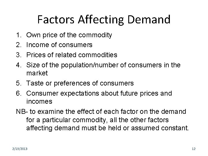 Factors Affecting Demand 1. 2. 3. 4. Own price of the commodity Income of