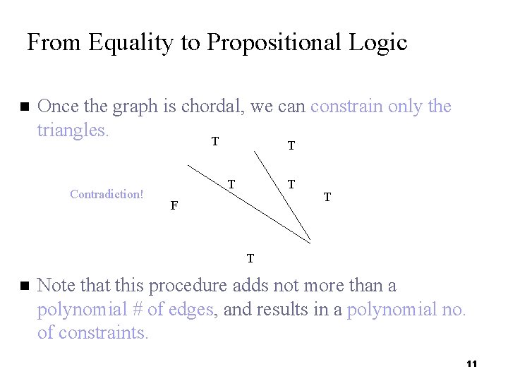 From Equality to Propositional Logic Once the graph is chordal, we can constrain only