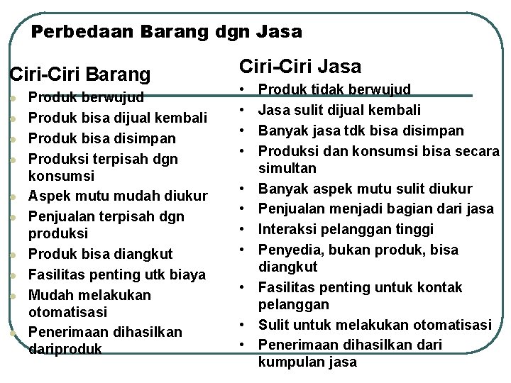 Perbedaan Barang dgn Jasa Ciri-Ciri Barang l l l l l Produk berwujud Produk