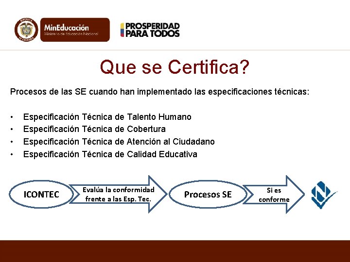 Que se Certifica? Procesos de las SE cuando han implementado las especificaciones técnicas: •