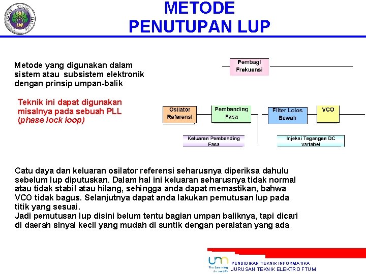 METODE PENUTUPAN LUP Metode yang digunakan dalam sistem atau subsistem elektronik dengan prinsip umpan-balik
