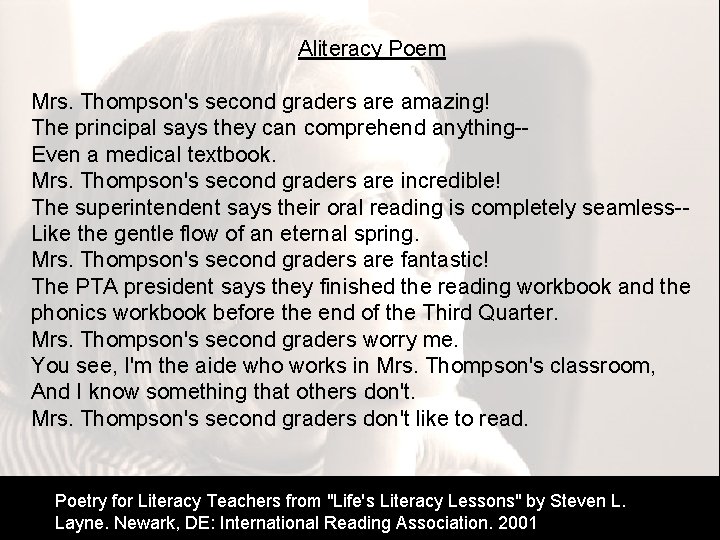 Aliteracy Poem Mrs. Thompson's second graders are amazing! The principal says they can Aliteracy Poem Mrs. Thompson's second graders are amazing! The principal says they can