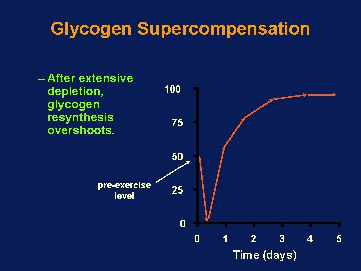 Glycogen Supercompensation – After extensive depletion, glycogen resynthesis overshoots. 100 75 50 pre-exercise level Glycogen Supercompensation – After extensive depletion, glycogen resynthesis overshoots. 100 75 50 pre-exercise level