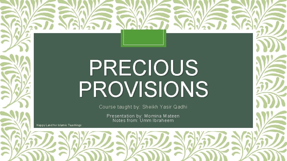 PRECIOUS PROVISIONS Course taught by: Sheikh Yasir Qadhi Presentation by: Momina Mateen Notes from: