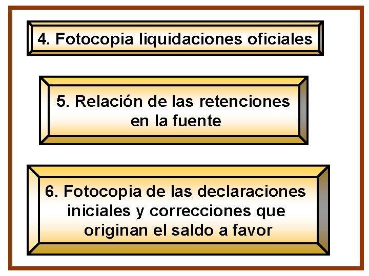 4. Fotocopia liquidaciones oficiales 5. Relación de las retenciones en la fuente 6. Fotocopia 4. Fotocopia liquidaciones oficiales 5. Relación de las retenciones en la fuente 6. Fotocopia