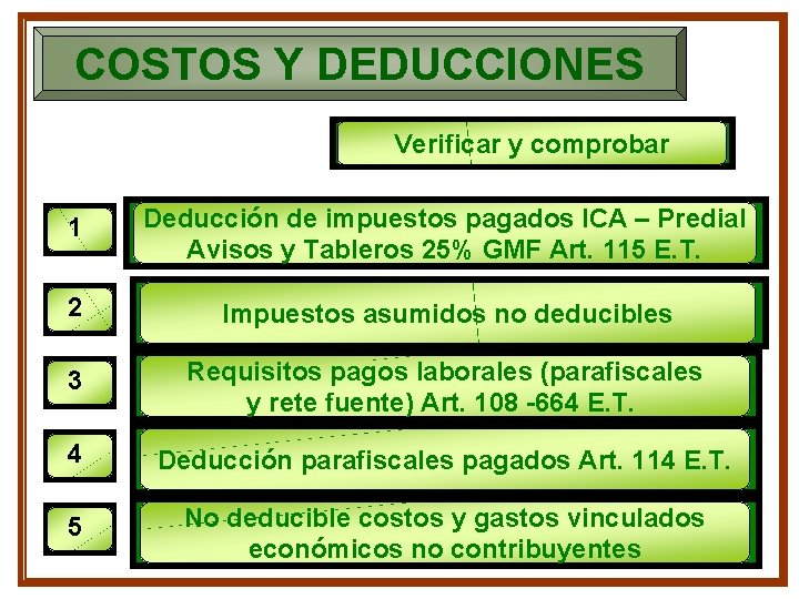 COSTOS Y DEDUCCIONES Verificar y comprobar 1 Deducción de impuestos pagados ICA – Predial COSTOS Y DEDUCCIONES Verificar y comprobar 1 Deducción de impuestos pagados ICA – Predial