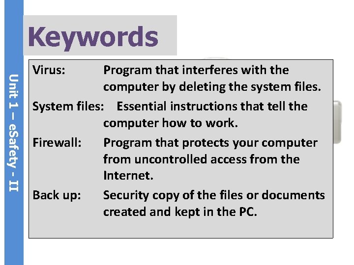 Keywords Unit 1 – e. Safety - II Virus: Program that interferes with the