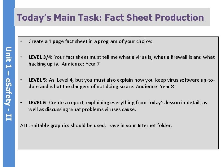 Today’s Main Task: Fact Sheet Production Unit 1 – e. Safety - II •