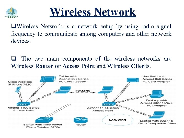 Wireless Network q. Wireless Network is a network setup by using radio signal frequency