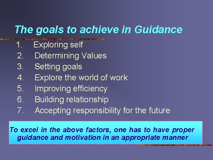 The goals to achieve in Guidance 1. Exploring self 2. Determining Values 3. Setting