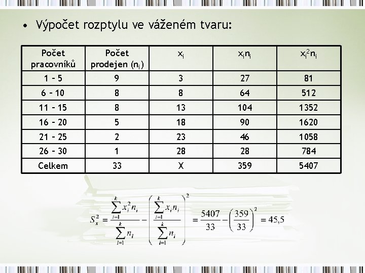  • Výpočet rozptylu ve váženém tvaru: Počet pracovníků Počet prodejen (ni) xi xini