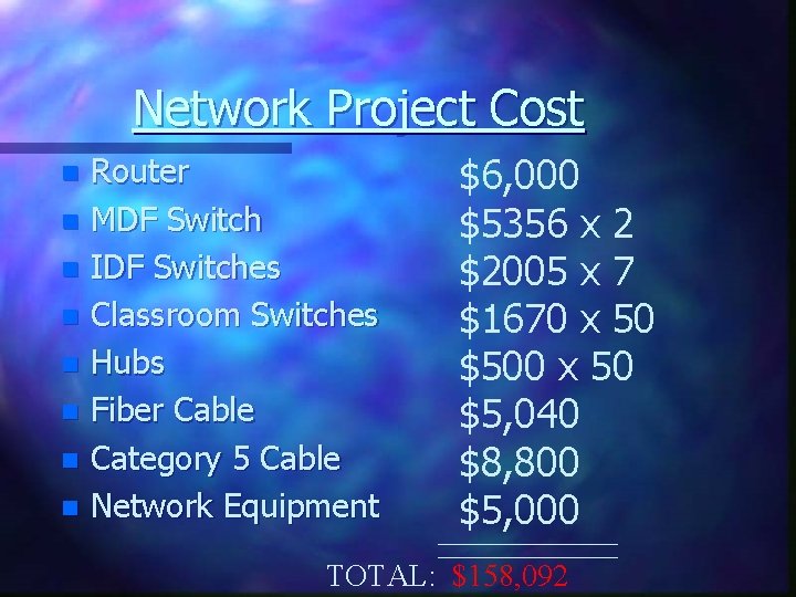 Network Project Cost Router n MDF Switch n IDF Switches n Classroom Switches n