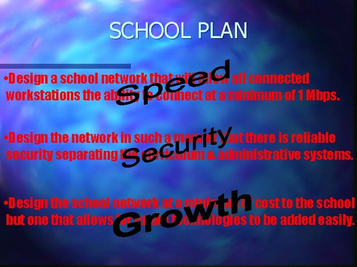 SCHOOL PLAN • Design a school network that will allow all connected workstations the