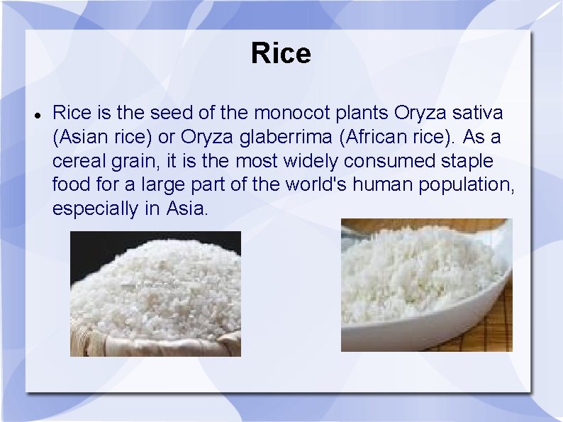 Rice is the seed of the monocot plants Oryza sativa (Asian rice) or Oryza