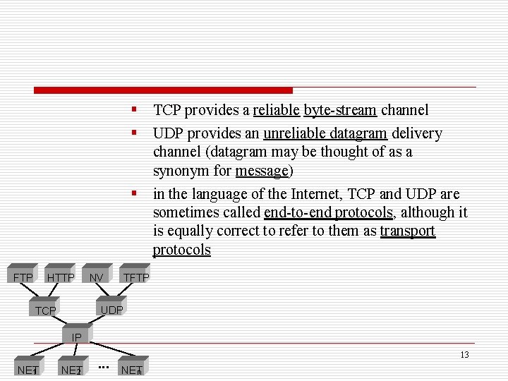 § TCP provides a reliable byte-stream channel § UDP provides an unreliable datagram delivery