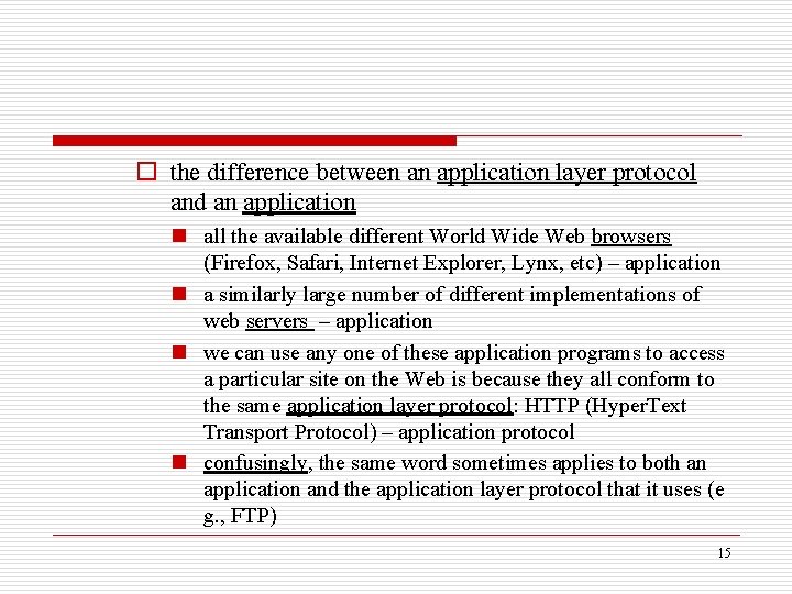 o the difference between an application layer protocol and an application n all the