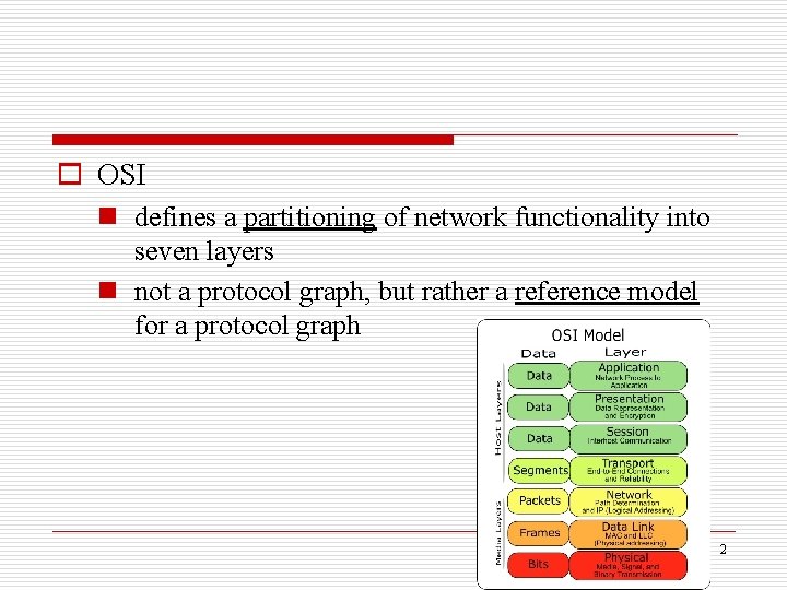 o OSI n defines a partitioning of network functionality into seven layers n not