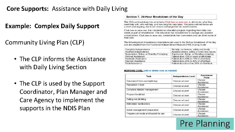 Core Supports: Assistance with Daily Living Example: Complex Daily Support Community Living Plan (CLP)