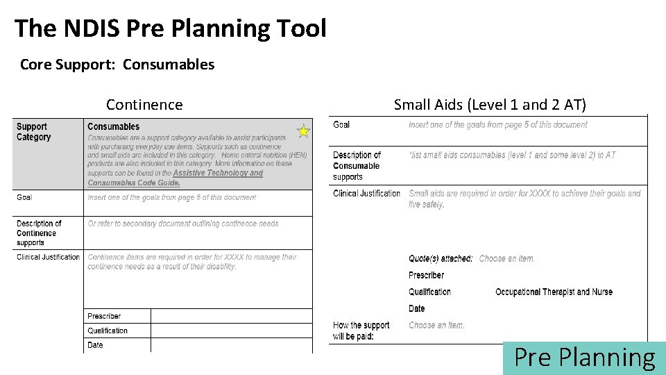 The NDIS Pre Planning Tool Core Support: Consumables Continence Small Aids (Level 1 and