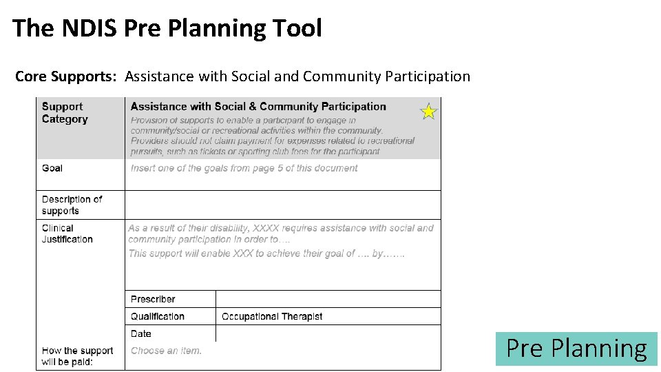 The NDIS Pre Planning Tool Core Supports: Assistance with Social and Community Participation Pre