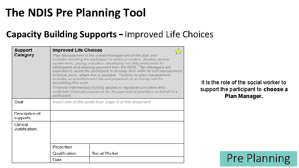 The NDIS Pre Planning Tool Capacity Building Supports – Improved Life Choices It is