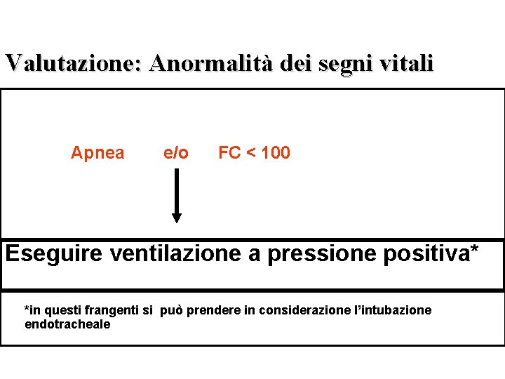 Valutazione: Anormalità dei segni vitali Apnea e/o FC < 100 Eseguire ventilazione a pressione